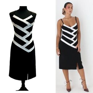 Joseph Ribkoff black white striped zigzag spaghetti strap bodycon midi dress 8